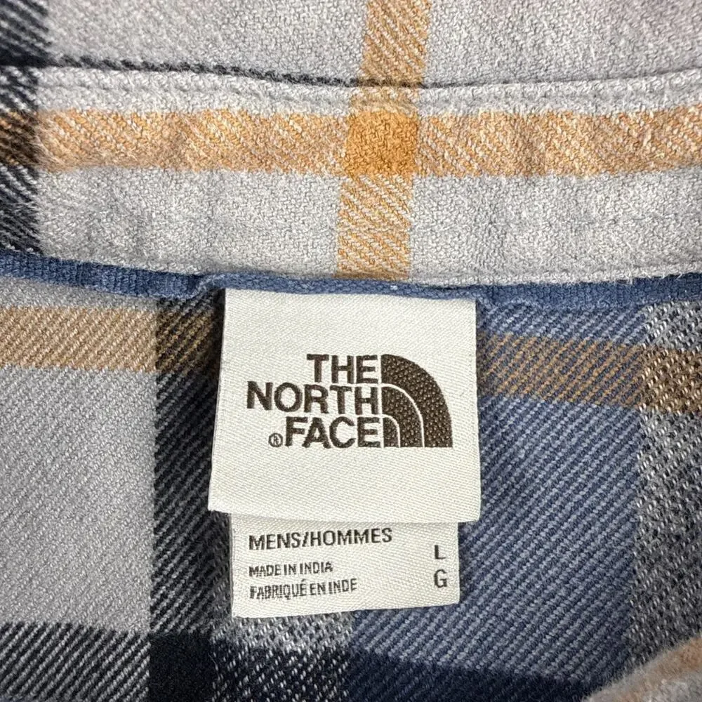The North Face Men's L Plaid Flannel Shirt Blue Gray Tan Long Sleeve Button Up